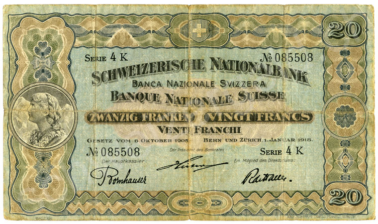 1000 Swiss francs, 1954, grading good